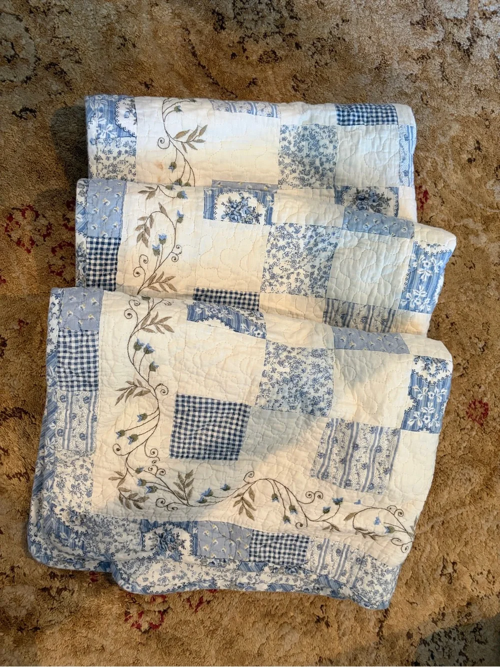 Trio 3 Blue and White Patchwork Quilted pillow Shams- Floral & Gingham